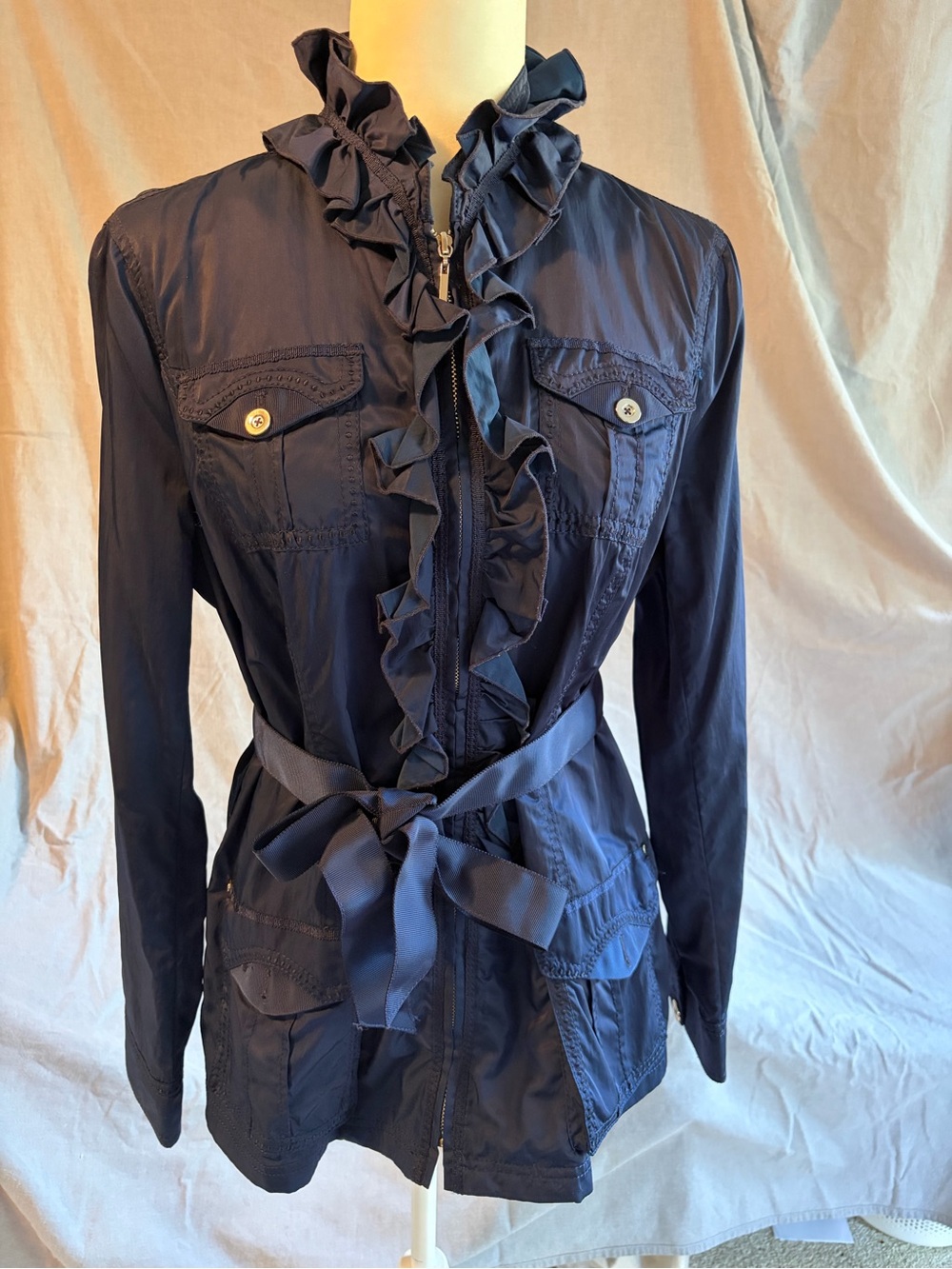 WHBM White House Black Market 
Women's Ruffled Belted Jacket - Navy